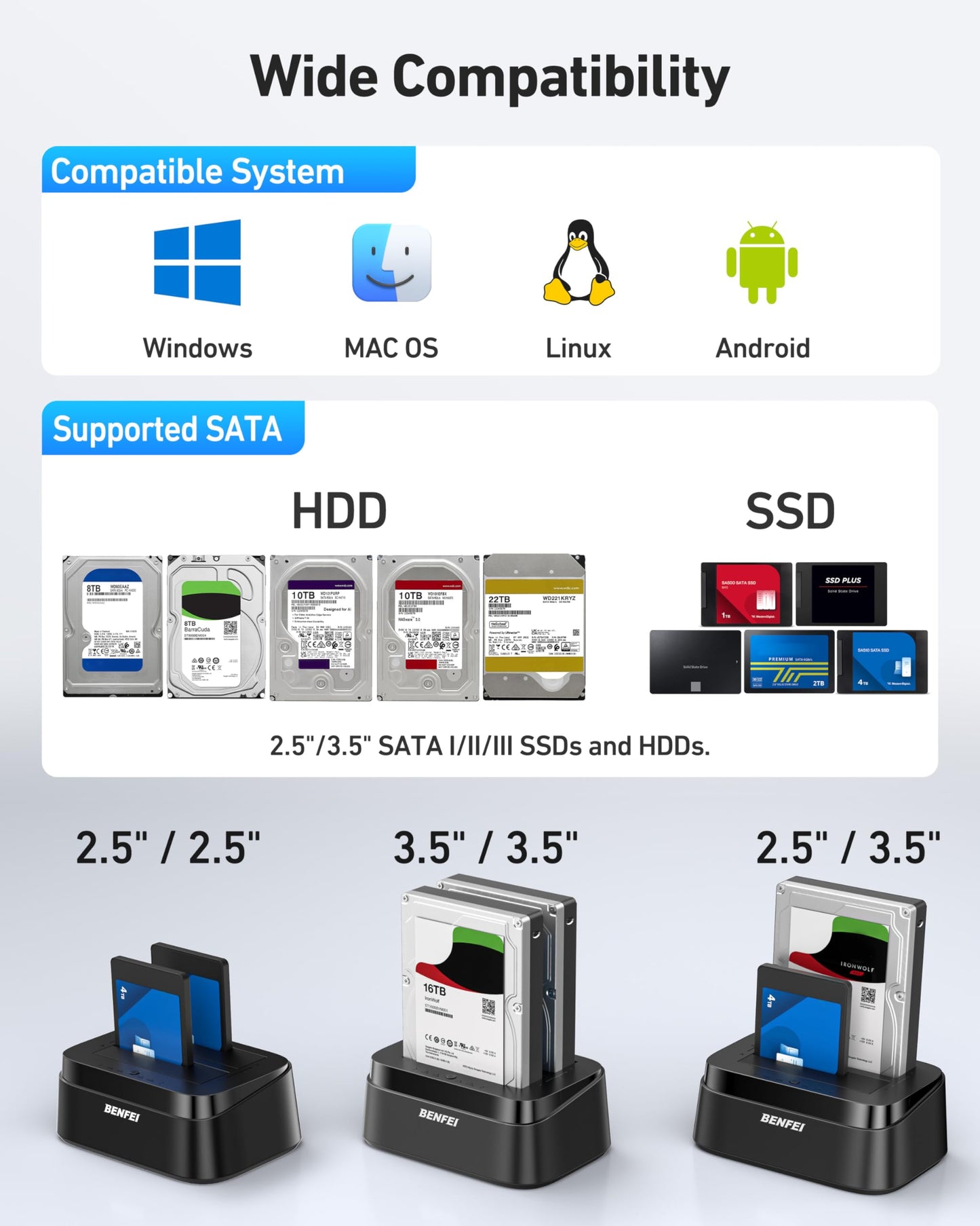 BENFEI Hard Drive Docking Station with UASP Offline Clone Function, USB C Dual Bay Dock for 2.5/3.5" HDD SSD, Up to 5Gbps | Tool Free Installation