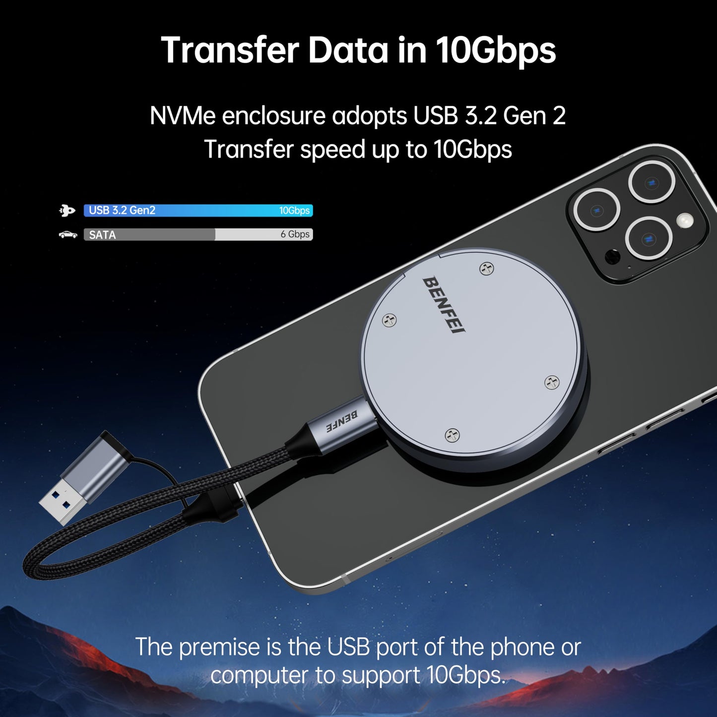 BENFEI 10Gbps Magnetic M.2 NVME SSD Enclosure Supports 10s Power Loss Protection, MagSafe for iPhone 15 Max ProRes, Aluminum Case