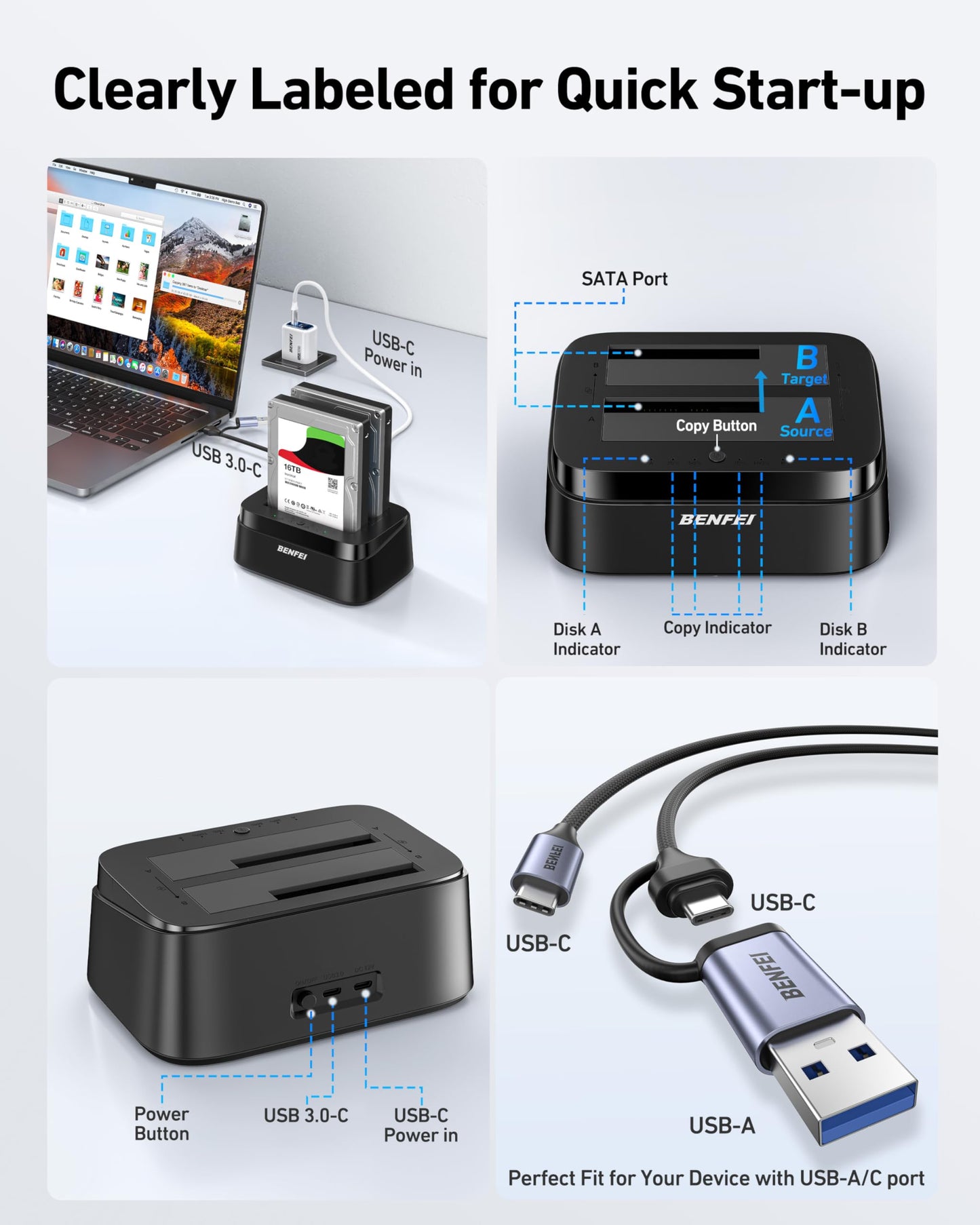 BENFEI Hard Drive Docking Station with UASP Offline Clone Function, USB C Dual Bay Dock for 2.5/3.5" HDD SSD, Up to 5Gbps | Tool Free Installation