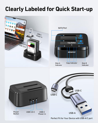 BENFEI Hard Drive Docking Station with UASP Offline Clone Function, USB C Dual Bay Dock for 2.5/3.5" HDD SSD, Up to 5Gbps | Tool Free Installation