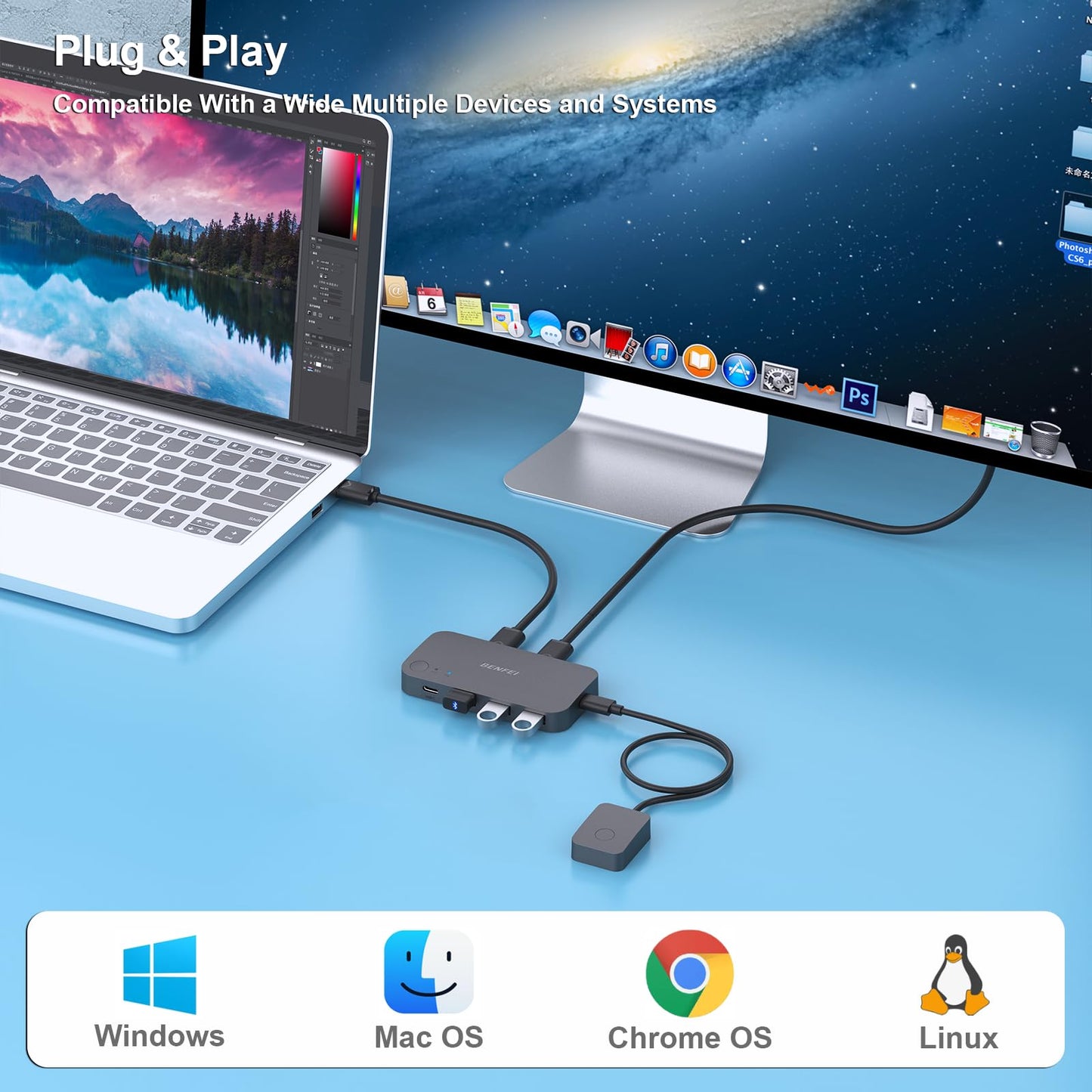 BENFEI USB 3.0 Switch, USB Switcher 2 Computers Share 3*USB 3.0 and 1*USB C with Remote Control for PC Mouse Keyboard Printer Scanner, USB KVM Switch Selector Compatible with Windows, Mac, Linux