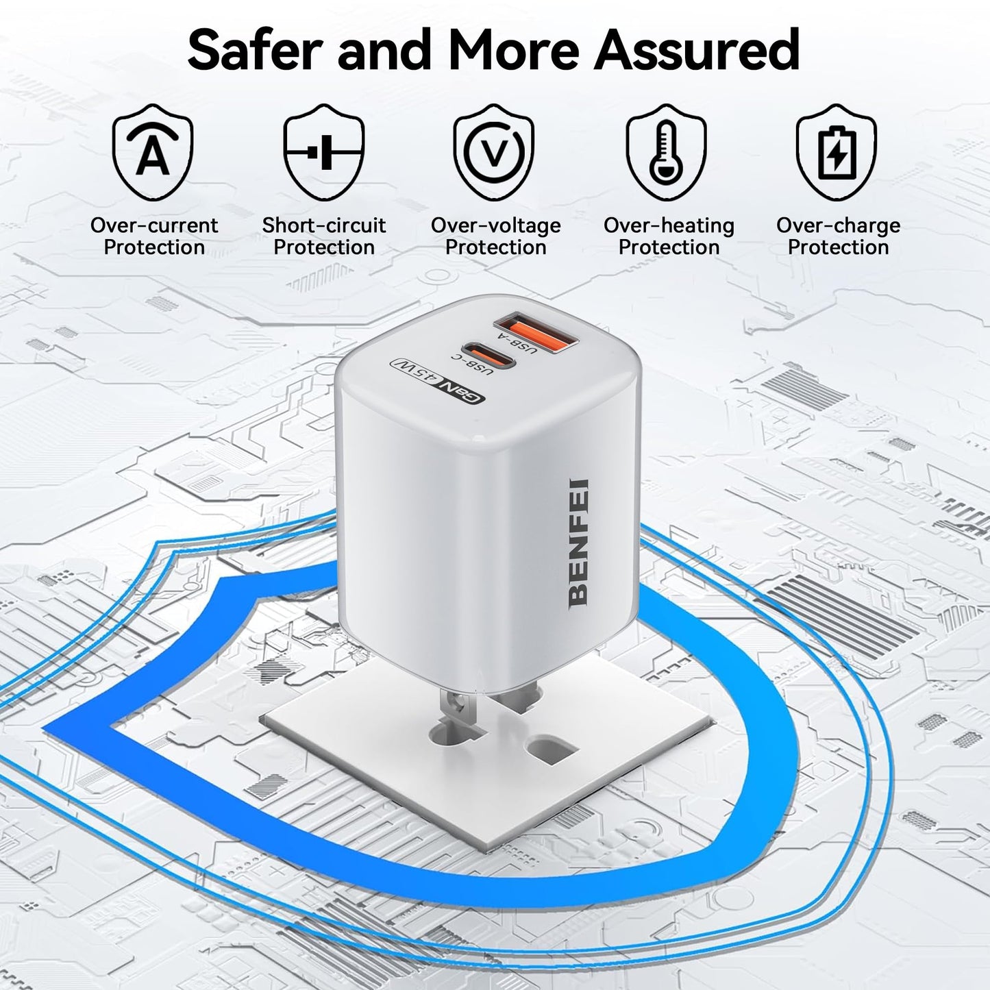 BENFEI 45W GaN USB C Fast Charger, 2-Port Two-Tone Compact Wall Charger(US plug)