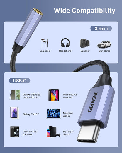 BENFEI USB C to Audio Jack Adapter with DAC chipset, USB-C to 3.5mm Female Headphone Compatible with iPhone 15 Pro Max/15 Pro/15, Samsung Galaxy S24/S23/S22/S21 Ultra, iPad Pro, Pixel 8 Grey