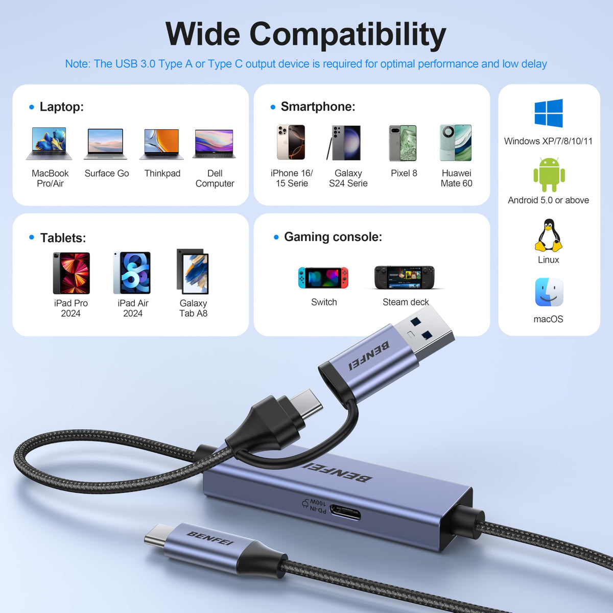 BENFEI USB C Video/Audio Capture Card Supporting Full HD 1080P 60FPS for Streaming, Recording, Gaming, Compatible with Switch, PS4, PS5, Xbox, Work with PC/Windows/Mac OS