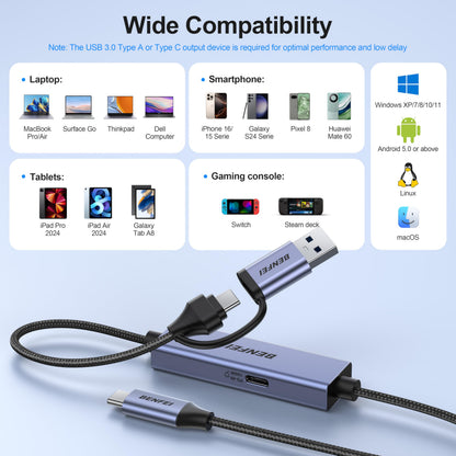 BENFEI USB C Video/Audio Capture Card Supporting Full HD 1080P 60FPS for Streaming, Recording, Gaming, Compatible with Switch, PS4, PS5, Xbox, Work with PC/Windows/Mac OS
