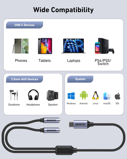 BENFEI USB C to Dual 3.5mm Audio Splitter, Headphone Adapter for 2 People to Share Music & Movies, Compatible with iPhone 16/15 Pro Max/Pro/Plus, Samsung GalaxyS23/S22, iPad Pro, MacBook, Pixel & More