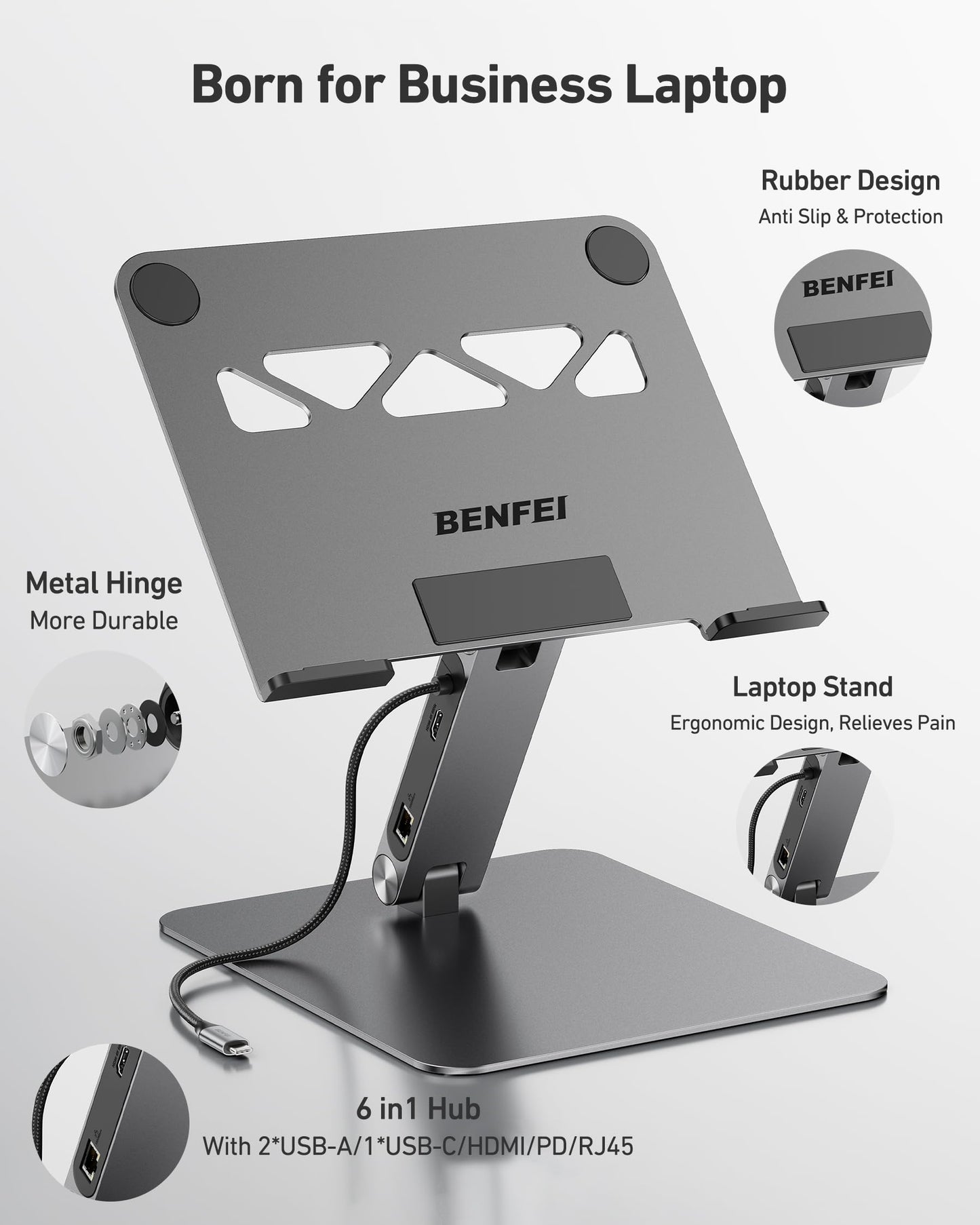 BENFEI Laptop Stand with USB C 6in1 Docking Station, HDMI 4K@60Hz,Gigabit Ethernet, 100W Power Delivery, 10Gbps 1*USB C 3.2 and 2*USB A 3.2 Compatible with MacBook Pro/Air, iPad Pro, XPS, Thinkpad
