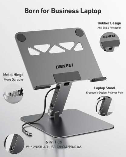 BENFEI Laptop Stand with USB C 6in1 Docking Station, HDMI 4K@60Hz,Gigabit Ethernet, 100W Power Delivery, 10Gbps 1*USB C 3.2 and 2*USB A 3.2 Compatible with MacBook Pro/Air, iPad Pro, XPS, Thinkpad