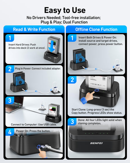 BENFEI Hard Drive Docking Station with UASP Offline Clone Function, USB C Dual Bay Dock for 2.5/3.5" HDD SSD, Up to 5Gbps | Tool Free Installation