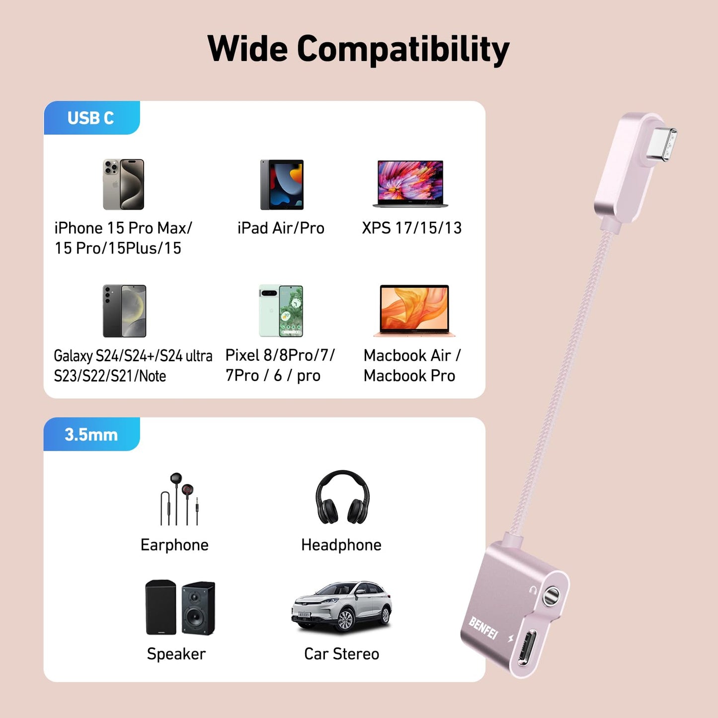 BENFEI USB C to Audio Jack Adapter with 60W Fast Charging, USB-C to 3.5mm Female Headphone Compatible with iPhone 16/15 Pro Max/Pro, Samsung Galaxy S24/S23/S22/S21 Ultra, iPad Pro, Pixel 8 Pink