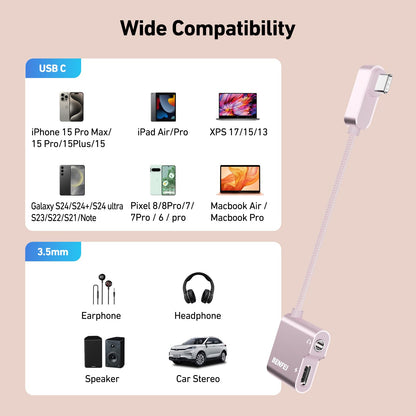 BENFEI USB C to Audio Jack Adapter with 60W Fast Charging, USB-C to 3.5mm Female Headphone Compatible with iPhone 16/15 Pro Max/Pro, Samsung Galaxy S24/S23/S22/S21 Ultra, iPad Pro, Pixel 8 Pink