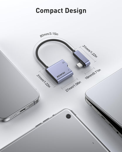 BENFEI USB C Splitter 1 in 2 Out Dual USB C Audio Jack Adapter with 60W Fast Charging, Type C Audio Headphone Compatible with iPhone 16/16 Pro/Pro Max, Samsung Galaxy S25/S24/S23 iPad Pro, Pixel 9
