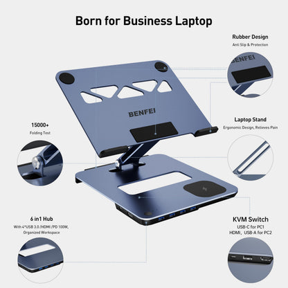 BENFEI Laptop Stand with USB C 6in1 Docking Station, 15W Magnetic Wireless Charger, USB 3.0 KVM Switch, HDMI 4K@60Hz, 4*USB3.0, 100 PD Compatible with MacBook Pro/Air, iPad Pro, XPS, Thinkpad