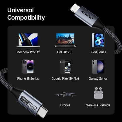 BENFEI USB C to USB C Monitor Cable(4K@120Hz), 100W PD Fast Charge, 10Gbps Data Transfer, 3ft Tangle-Free Silicone USB-C Cable [Aluminum Shell, Woven Design]