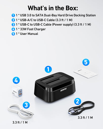 BENFEI Hard Drive Docking Station with UASP Offline Clone Function, USB C Dual Bay Dock for 2.5/3.5" HDD SSD, Up to 5Gbps | Tool Free Installation