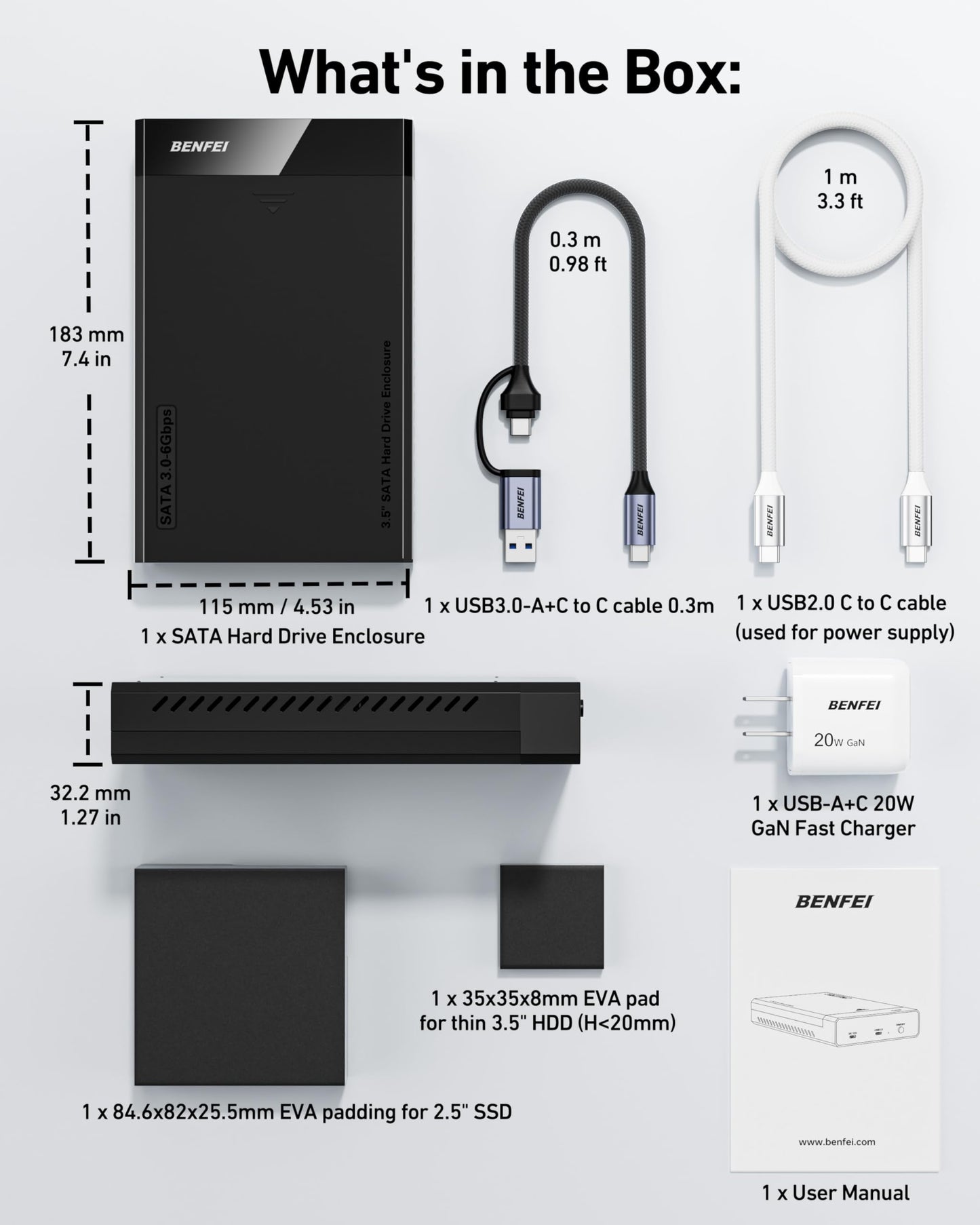 BENFEI 3.5/2.5 Inch SATA HDD/SSD Enclosure, Tool-Free Design, Supports 20TB HDD & UASP