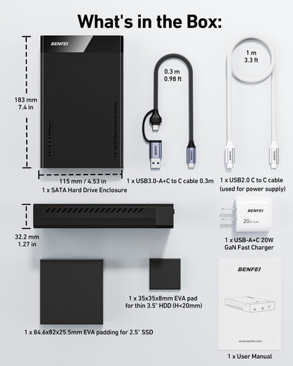 BENFEI 3.5/2.5 Inch SATA HDD/SSD Enclosure, Tool-Free Design, Supports 20TB HDD & UASP