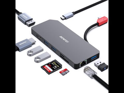 BENFEI 9in1 USB C MST Laptop Docking Station, USB-C Hub with USB-C to HDMI DisplayPort Dual Monitor/3*USB Type-A/1*USB Type-C(10Gbps+100W PD)/SD/TF Card Reader/1*RJ45