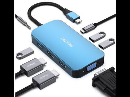 BENFEI USB C MST HUB 8in1 with USB-C to 2*HDMI/1*VGA, to 3*USB 3.0/100W Power Delivery/3.5mm Aux Audio, Compatible with iPhone 15 Pro/Max, MacBook Pro 2023/2022/2021/2020, Surface Book and More